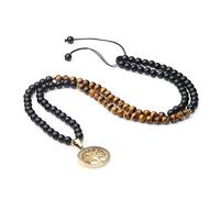 COAI Collier Mala 108 Perles Obsidienne Noire Œil de Tigre Marron Pendentif Arbre de Vie Homme Femme