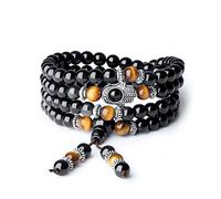 COAI Mala 108 Perles, Collier Main de Fatma, Bracelet Obsidienne Noire & Œil de Tigre