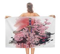COALHO Aquarelle Serviette de plage moderne japonaise épée pour adultes, extra large, motif abstrait Mont Fuji cerisier en fleurs Torii, cabine, coucher de soleil, serviette de plage, hôtel, salle de