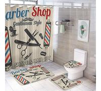COALHO Barber Shop Lot de 4 rideaux de douche imperméables vintage pour salon de coiffure avec housse de toilette imperméable Tapis de douche 183 x 183 cm