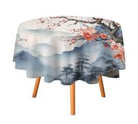 COALHO Belle nappe ronde en polyester avec oiseaux de printemps japonais, paysage naturel, aquarelle, soleil, fleurs de cerisier, nappe circulaire pour cuisine dîner-60