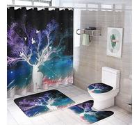 COALHO Ensemble de décoration de salle de bain 4 pièces motif cerf fantastique forêt psychédélique forêt sauvage cerf rideau de douche avec tapis 12 crochets, 183 x 183 cm