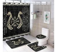 COALHO Ensemble de décoration de salle de bain 4 pièces Motif dragon abstrait rétro symbole mystique boussole Tapis de douche Rideau de douche avec tapis 12 crochets, 183 x 183 cm