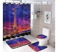 COALHO Ensemble de décoration de salle de bain 4 pièces Motif Tour Eiffel Paris Tour Eiffel Ville Nuit Tapis de douche Rideau de douche avec tapis 12 crochets, 183 x 183 cm