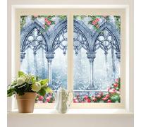 COALHO Fantasy Castle Lot de 2 films de fenêtre vintage du milieu du siècle gothique forêt d'hiver château rose rouge convient pour le salon, la cuisine, la salle de bain - 45 x 60 cm