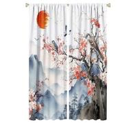COALHO Lot de 2 beaux rideaux occultants à isolation thermique avec passe-tringle, paysage naturel, oiseaux de printemps japonais, paysage naturel, soleil rouge, fleurs de cerisier, rideaux de fenêtre