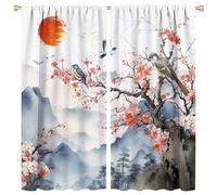 COALHO Lot de 2 panneaux de rideaux occultants à isolation thermique avec passe-tringle - Motif paysage naturel japonais - Soleil rouge du Japon - Fleurs de cerisier - 160 x 80 cm (L x l)