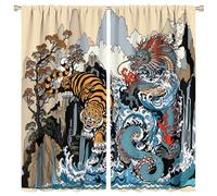 COALHO, Lot de 2 rideaux occultants à isolation thermique avec passe-tringle pour chambre à coucher, motif dragon japonais abstrait, cascade, arbre, tigre, 213,4 x 106,7 cm (L x l)