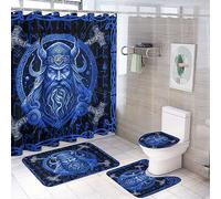 COALHO Lot de 4 rideaux de douche imperméables à thème viking abstrait fantastique, galaxie, Vikings, mythologie nordique avec housse de toilette imperméable, tapis de douche, 183 x 183 cm