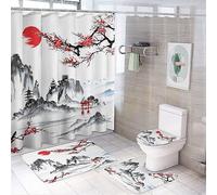 COALHO Lot de 4 rideaux de douche imperméables vintage style japonais aquarelle abstraite, porte Torii avec housse de toilette imperméable, tapis de douche, 183 x 183 cm