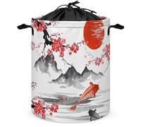 COALHO Panier à linge pliable vintage japonais, encre aquarelle rustique, poisson koï, fleurs de cerisier pour couverture, jouets, vêtements sales, salle de bain, chambre à coucher - 35 x 35 x 44 cm