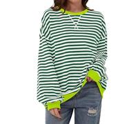 Women Striped Color Block Oversized Sweatshirt Crew Neck Long Sleeve Shirt Pullover Top Casual Loose fit Sweater (White Green,L)