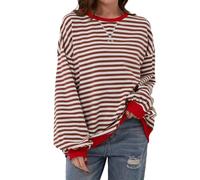 Women Striped Color Block Oversized Sweatshirt Crew Neck Long Sleeve Shirt Pullover Top Casual Loose fit Sweater (Red White,S)