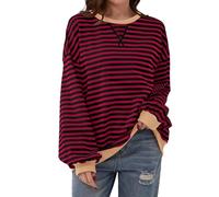 COALHO Women Striped Color Block Oversized Sweatshirt Crew Neck Long Sleeve Shirt Pullover Top Casual Loose fit Sweater (Wine Red Black,XL)
