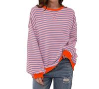 COALHO Women Striped Color Block Oversized Sweatshirt Crew Neck Long Sleeve Shirt Pullover Top Casual Loose fit Sweater (Orange Pink,L)