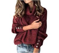 COALHO Womens Turtleneck Oversized Sweaters Long Sleeve Pullover Loose Chunky Knit Jumper Button Sleeve (Wine Red,3XL)