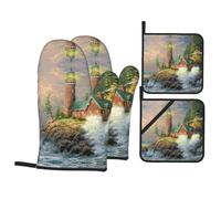 Coast Wave and Lighthouse Lot de 4 gants de cuisine avec support de casseroles résistant aux hautes températures, utilisés pour le barbecue, la cuisine et la pâtisserie.