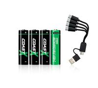 Coast Zithion-X Lot de 4 Piles AA USB-C, Lithium-ION 1,5 V 2400 mAh, Longue durée, Charge en 2,5 Heures Maximum, Plus de 1000 Cycles de Charge, câble de Charge Inclus