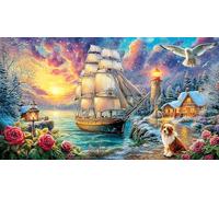 Coastal-Lighthouse-Village-at-Sunset Puzzle pour Adultes 1000 pièces Papier recyclé Beau Puzzle de décoration Stimulant pour détente et décoration Murale Idée Cadeau Parfaite 38x52/1000 pièces