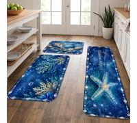 Coastal Nights Lot de 3 tapis de cuisine doux sur le thème des étoiles de mer et de l'océan corail, coussins d'été, confortables, lavables pour éviers de cuisine, buanderie, salle de bain