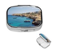 Coastal of Malta Pilulier carré portable à 2 compartiments pour poche ou sac à main, pilulier hebdomadaire, organiseur décoratif en métal pour médicaments, vitamines, cadeau de voyage