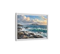 Coastal Seascape Island View Framed Canvas Print Wall Art - Living Room Decor, Above Couch 18×12 inch (45×30 cm) - Horizontal/White / 1.25 inch (3 cm)