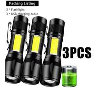 Cob+Xpe Mini Lampe De Poche De Camping Led Portable Usb Torche Rechargeable Extérieure Zoomable Lumière Lampe Lanterne Tactique Avec Pince À Stylo.3pcs.
