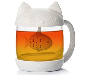 COBB INDUSTRIES® - Mister Le Chat CI0020 - Mug Tasse à thé en verre en forme de chat avec filtre à infusion en forme de poisson 250ML