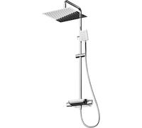 Cobbe Système de douche thermostatique avec pomme de tête carrée 25 x 25 cm, inverseur 3 voies, douchette carrée 6 jets, flexible 1,5 m et barre réglable en hauteur, chromé
