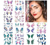 cobee 100pcs Halloween Tatouages Temporaires Visage, 12 Feuilles Paillettes Papillon Faux Tatouages Autocollants Bling Métallique Taches De Rousseur Tatouage Transfert D'eau Tatouage Art Visage Bras