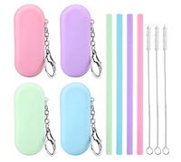 Cobee 4 Ensembles de Pailles en Silicone Réutilisables, Pliables Boîte de Rangement Colorée Portables avec Porte clés Voyage Brosse de Nettoyage en Profondeur, Thé à Bulles, Boissons Froides/Chaudes
