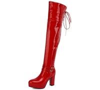 Cocey Bottes au-dessus du genou avec talon bloc | Bottes sexy en polyuréthane aspect laqué avec fermeture éclair latérale et bandes croisées pour fête et quotidien, rouge, 35 EU