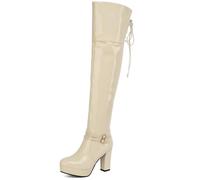 Cocey Bottes au-dessus du genou avec talon bloc | Bottes sexy en polyuréthane aspect laqué avec fermeture éclair latérale et bandes croisées pour fête et quotidien, Abricot, 38 EU