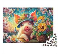 Cochon dans Un Chapeau Floral par Le lac Puzzle De 1000 Pièces Mignon Cochon Idéal pour Hommes, Femmes, Enfants Et Personnes Âgées 52x38cm/1000pcs