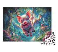Cochon Dessin Animé sur Balançoire Puzzle 1000 Pièces Papier pour Adultes Maison Forestière Jeu Relaxant Cadeau 52x38cm/1000pcs