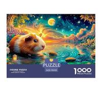Cochon d'Guinée sur Les rochers par l'eau sous Le Ciel éclairé de Lune Puzzle De 1000 Pièces Cochon d'Guinée Mignon Qualité Premium, Excellent Jeu pour Adultes Et Enfants 70x50cm/1000pcs