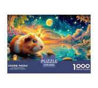 Cochon d'Guinée sur Les rochers par l'eau sous Le Ciel éclairé de Lune Puzzle De 1000 Pièces Cochon d'Guinée Mignon Cadeau d'anniversaire Parfait pour Enfants Et Adultes 38x26cm/1000pcs