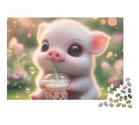 Cochonnet Mignon Boisson Puzzle de 1000 Pièces pour Adultes Petit Cochon Mignon Dégustant du Bubble Tea en Extérieur Premium Robuste Vibrant Difficile Anti-Stress Cadeau Familial 52x38cm/1000pcs