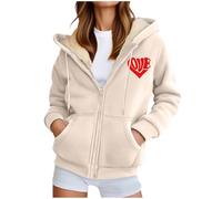 Cocila à Capuche Zippé Doublé Polaire Pour Femme Pull Thermique Chaud Imprimé CœUr Hauts Manteau Duvet Hiver Blousons Blouson Jean Bombers Femmes Fleuri Taille 46 Blanc Gilet Noir