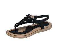 Cocila Chaussure De Plage Femmes Pied Large Appartements Sandales DéTé BohèMe Fleur PerléE HabilléEs Confortable Bout Ouvert ÉLastique Cheville Sangle Glisser Sur Romain (Black 38) Black Party