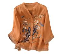 Cocila Chemisiers De Travail pour Femmes Bureau Professionnel Manches Longues Chemisier Brodé en Coton Et Lin Femme Style Bohème 3/4 Tunique Élégante Long Blouse Chic Vetement Femm Chemise
