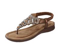Cocila Claquettes Femmes ÉLéGantes Pour LÉTé Confort Avec Bride à La Cheville éLastique DéContracté BohèMe Chaussure De Plage Strass DéCor Festonné Garniture String Sandales (Brown 41) Chaussure