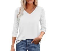 Cocila Débardeur Blanc Women's V Neck T Shirts 3/4 Sleeve Blouse Summer Lace Tops Casual Solid Basic Three Quarters Tees Cadeau Homme Ski Haut Femme Chic Et Elegant Chemise Lin Été Coton Noire