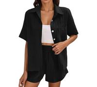 Cocila Ensemble Deux PièCes en Mousseline De Soie Couleur Unie T Shirt à Manches Courtes Et Ample DéContracté Cabans S pour Femmes Black L Veste Femmes Printemps Veste Mi Saison Cuir