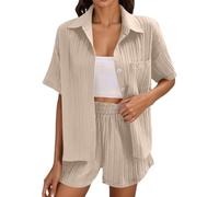 Cocila Ensemble Deux PièCes en Mousseline De Soie Couleur Unie T Shirt à Manches Courtes Et Ample DéContracté Cabans S pour Femmes Khaki M Veste Legere Femmes Ete Veste Officier Femme