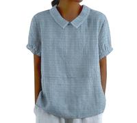 Cocila Femmes Lin Art Floral Col Rond Bouton Lâche Pull Haut Chemise Décontractée T-Shirt Haut Chauve Souris Top Paillettes Soirée Haut Femme Bleu Ciel Veste Chemise Femme Solde