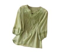 Cocila Haut Femmes Chic Et Elegant brodé en Coton et Lin à Fleurs pour Haut Manches 3/4 col V Boutons Style bohème Ethnique T Shirts Manche Longue Femmes T Shirts Blanc Manche Longue