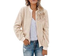 Cocila Ladies Casual British Plush Warm Solid Color O Neck Zipper Jacket Coat Top Veste Fourrure Grande Taille (Beige Xl) Veste Blanche Simili Cuir Femmes Officier Doudoune En Duvet De Canard