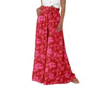Cocila Pantalon Fluide Femme Été Boho Décontractés Pantalons Taille Haute Elastique Cordon Serrage Confortable Léger Elegant Respirant Ample Jogging Plage Pants avec Poches Rouge L