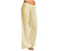 Cocila Pantalon Palazzo pour Femme Décontracté Solide Coton Lin Taille Élastique Cordon Long À Jambes Larges Plage Fluide Large Ete Leger De Travail Été Jupe Culotte Grande Sport Haute Golf Jaune S
